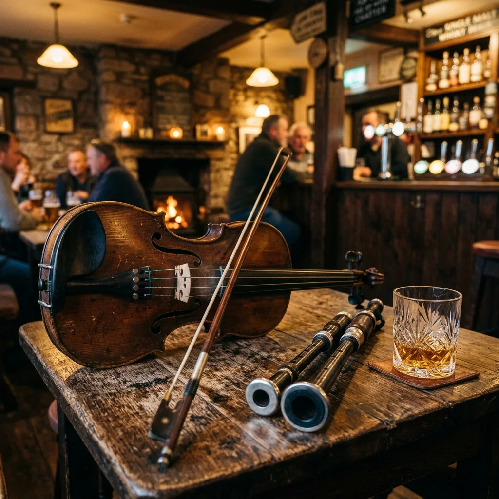 A wooden violin and a set of bagpipe practice chanters resting on a rustic table in a warm candlelit cozy pub setting