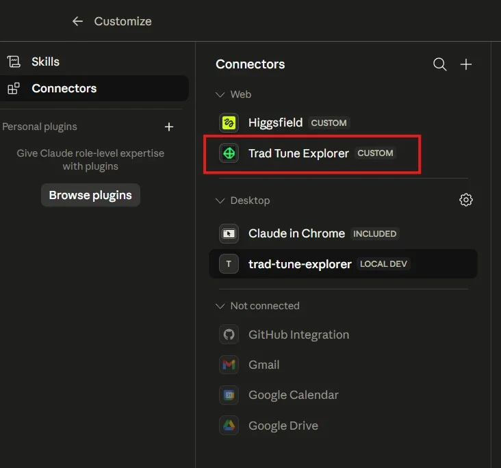 Connected Trad Tune Explorer connector in Claude settings