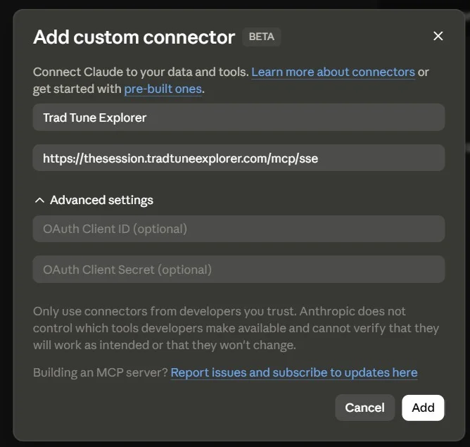 Add custom connector dialog in Claude
