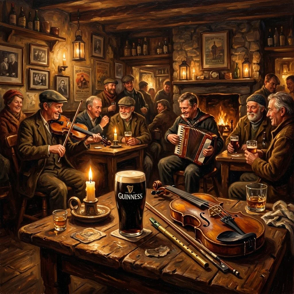 Fiddle and tin whistle on session table