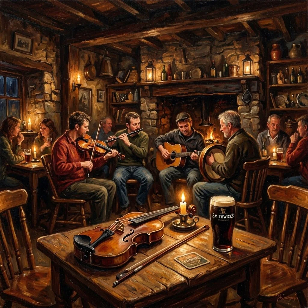 Fiddle and stout on pub table