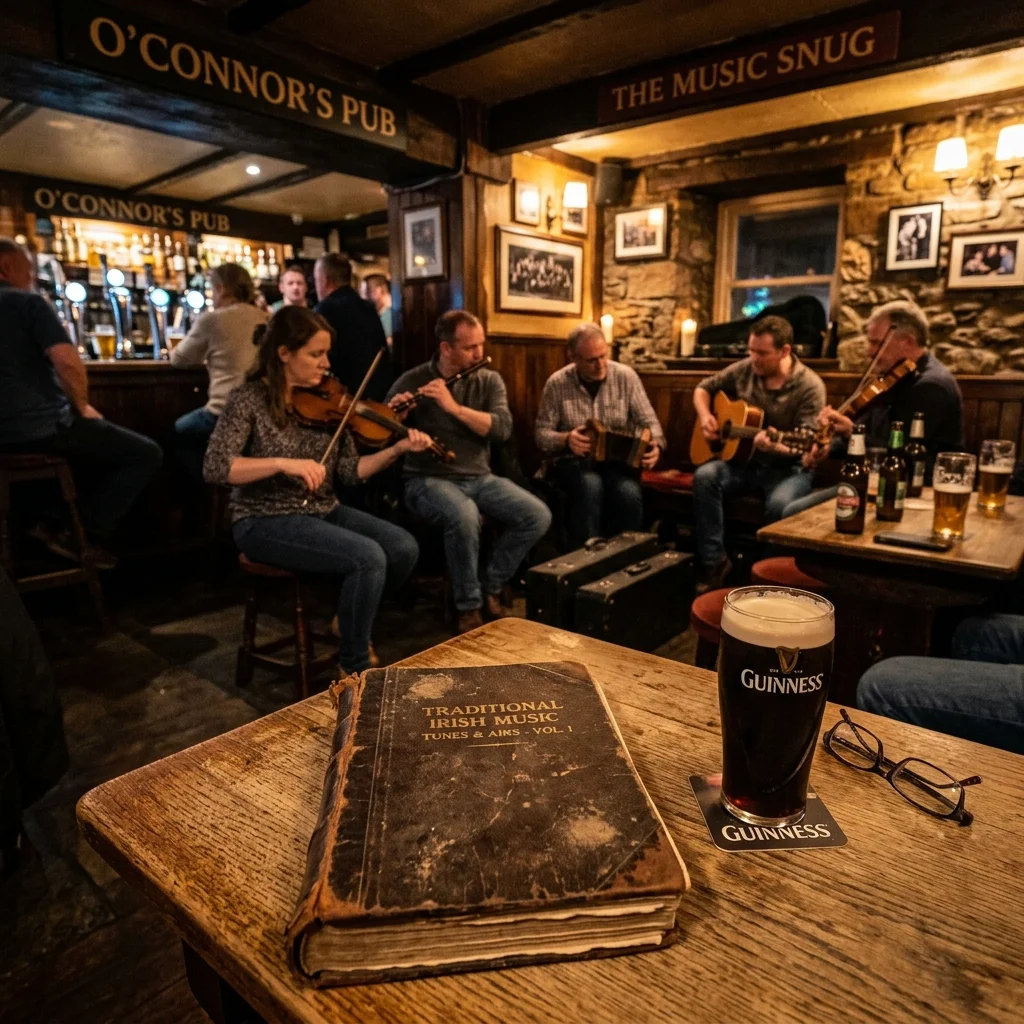 Musicians playing in a traditional Irish pub session while a famous tunebook sits closed nearby