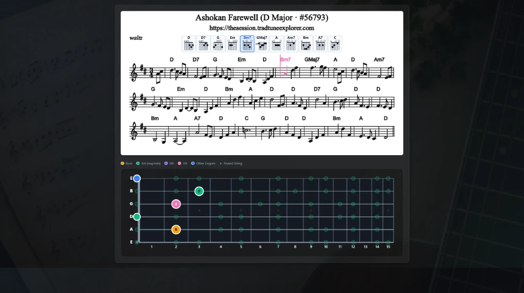 Tune Fretboard Accompanist and Chromatic Chord Explorer visualizer interface