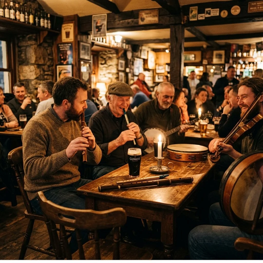 Cozy traditional Irish music session inside a warm rustic pub with wooden flute, tin whistle, and stout on wooden table