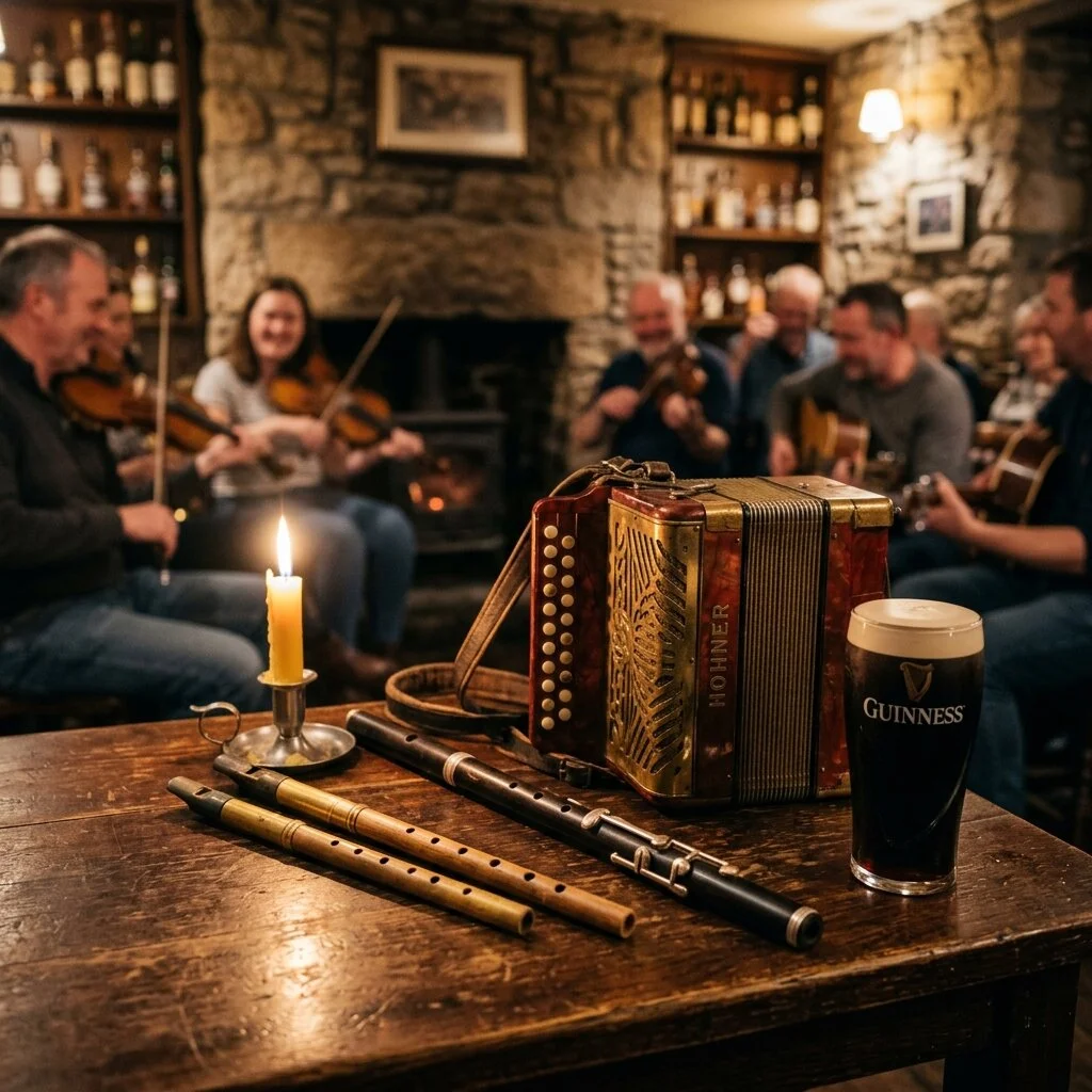 Traditional session with accordion, whistle, and flute