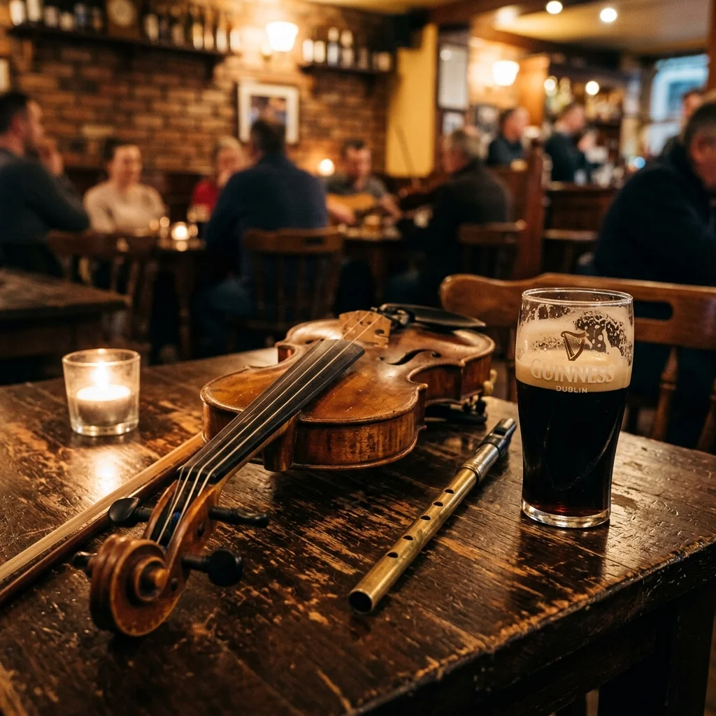Traditional Sligo fiddle and tin whistle on a pub table with a pint of stout