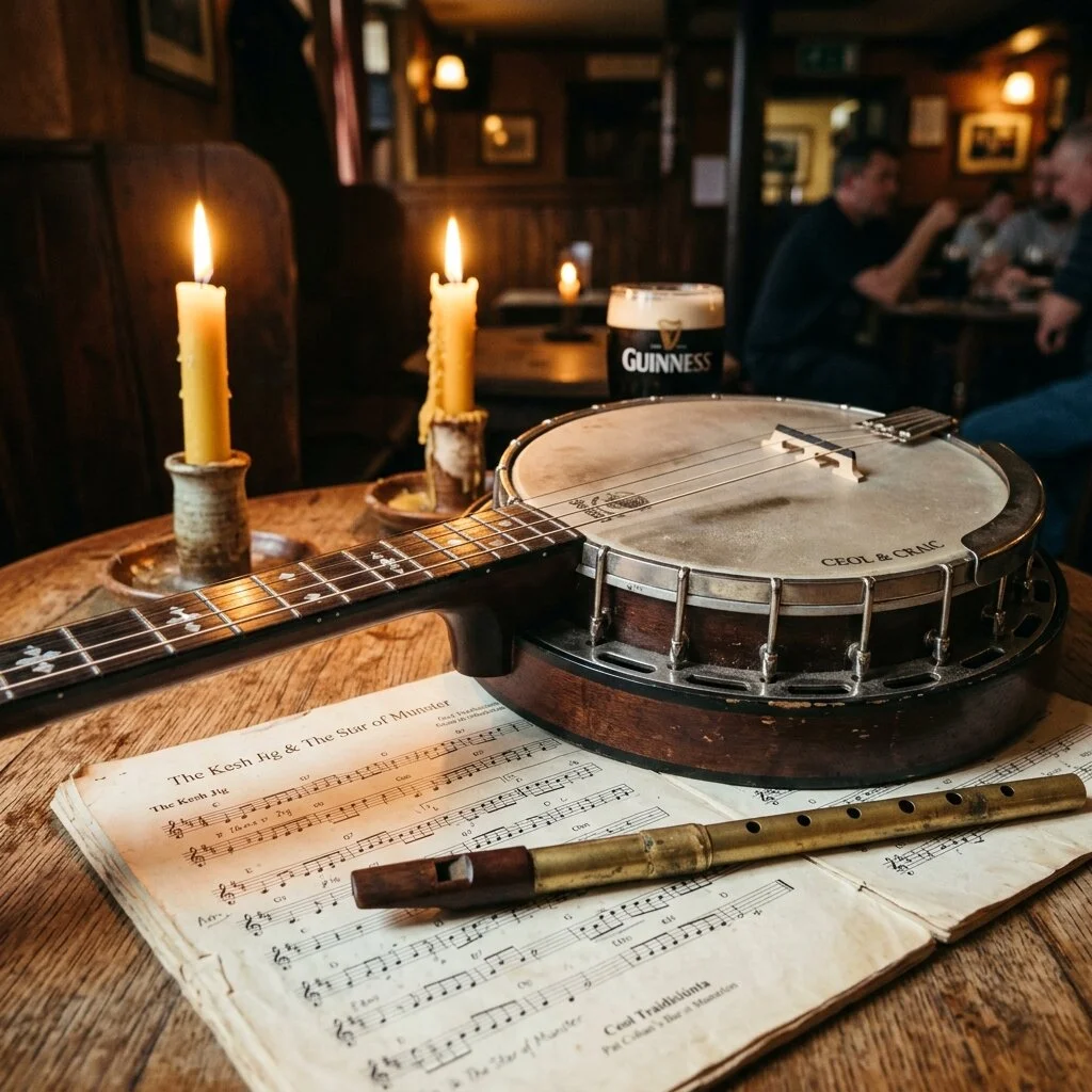 Banjo and whistle on session table