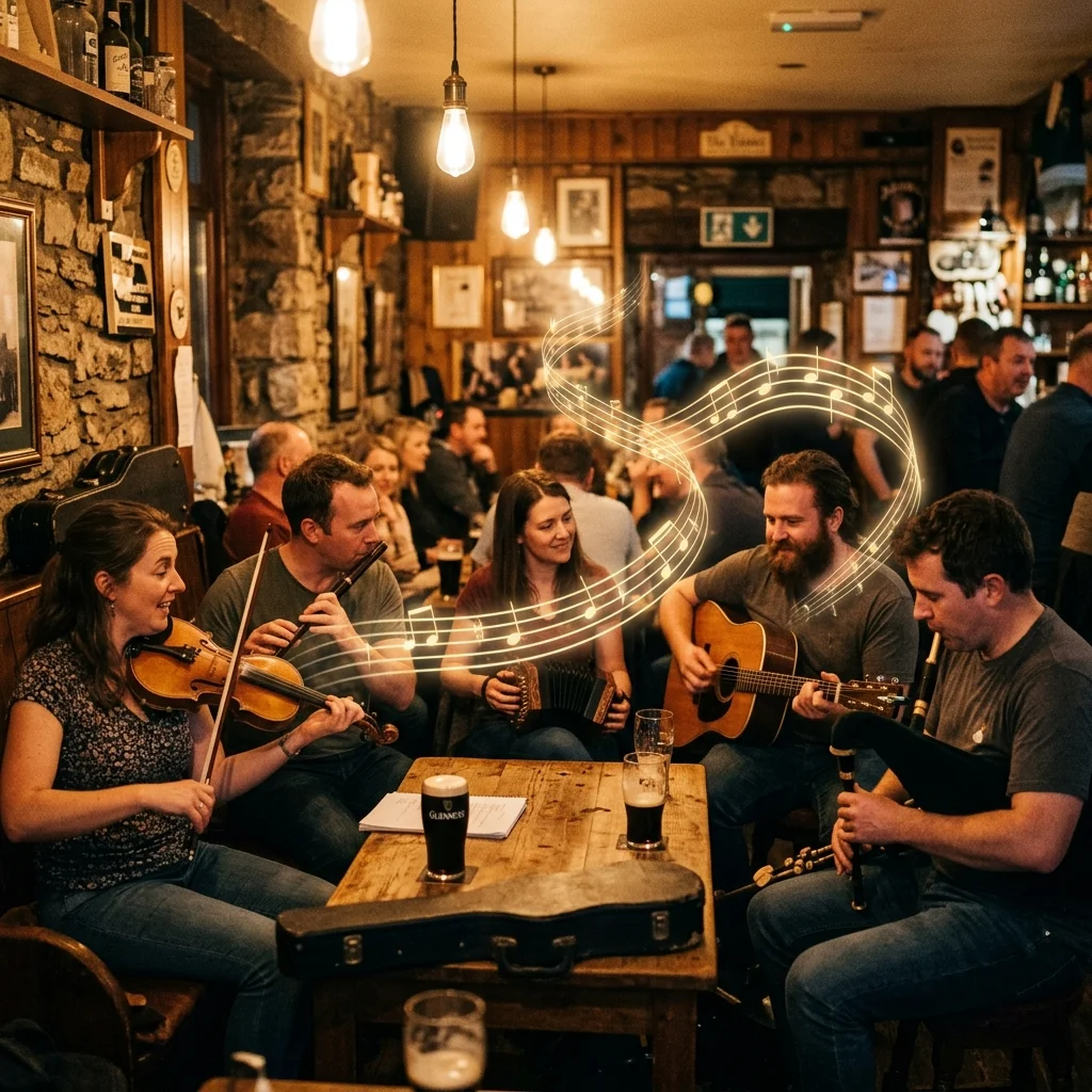 Musicians playing acoustic instruments in a cozy traditional Irish pub session