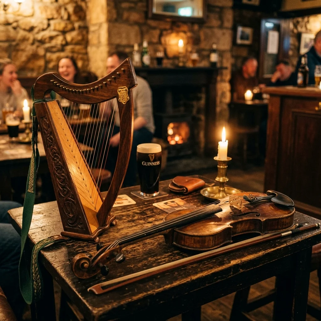 A Celtic harp and wooden violin resting on a rustic table in a warm candlelit session setting