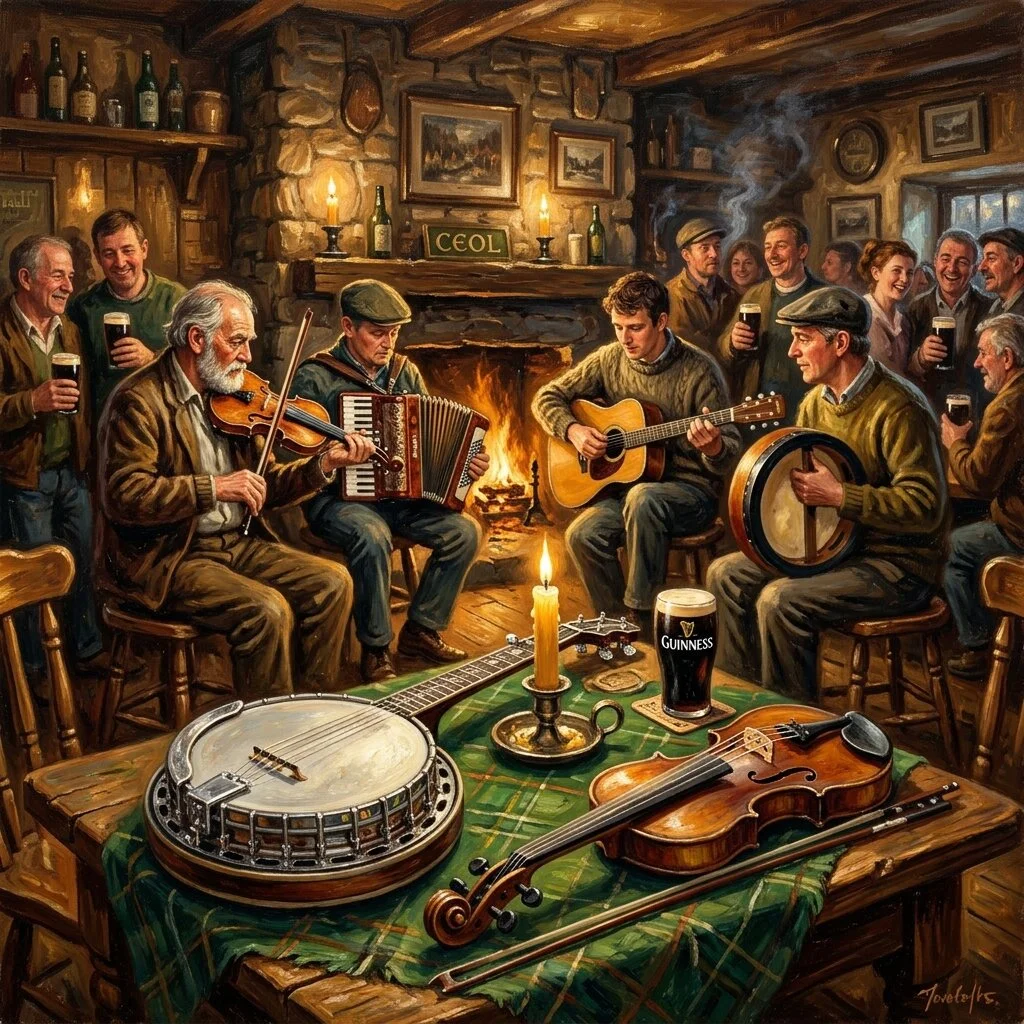 Silver banjo and fiddle on green cloth