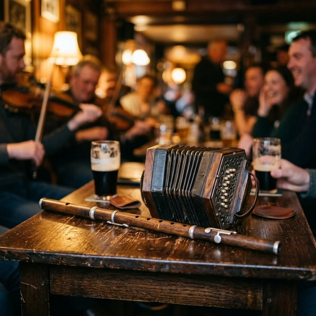 Cozy traditional Irish music session inside a warm pub with uilleann pipes and concertina