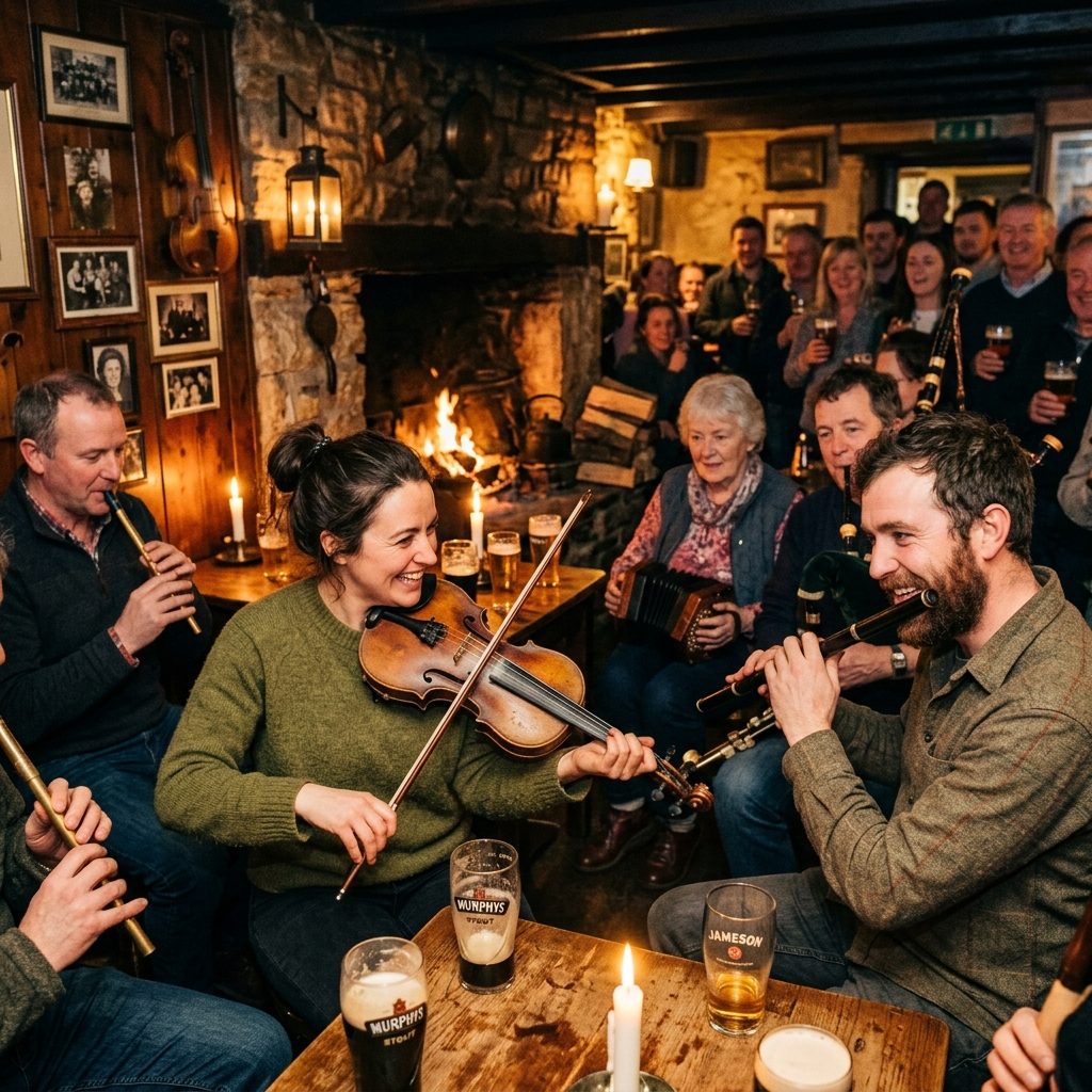 Musicians playing traditional Irish instruments in a warm candlelit session