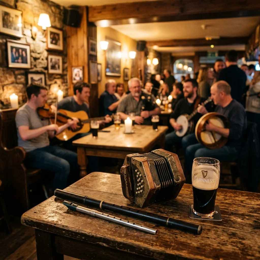 A wooden flute, tin whistle, and concertina resting on a rustic pub table