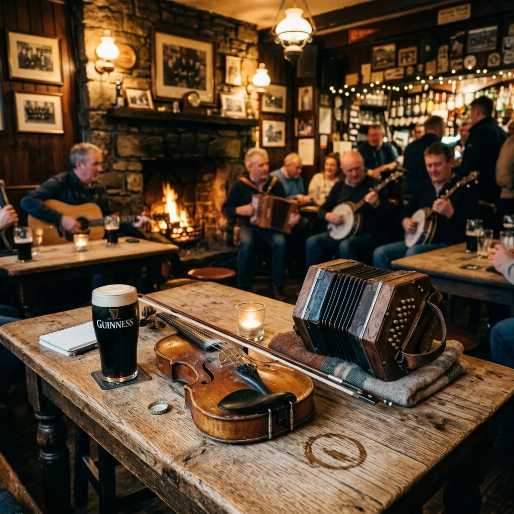 A warm traditional Irish music session setting with a fiddle and concertina resting on a pub table near a pint of stout.