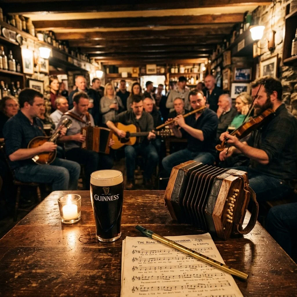 Cozy traditional Irish music session inside a warm rustic pub with concertina and tin whistle