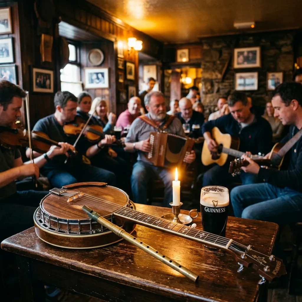 A tenor banjo and tin whistle sitting on a cozy pub table next to a pint of stout