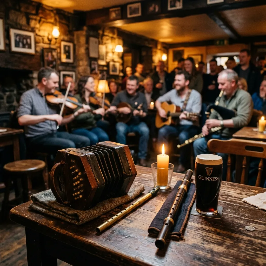 A concertina and flute sitting on a cozy pub session table