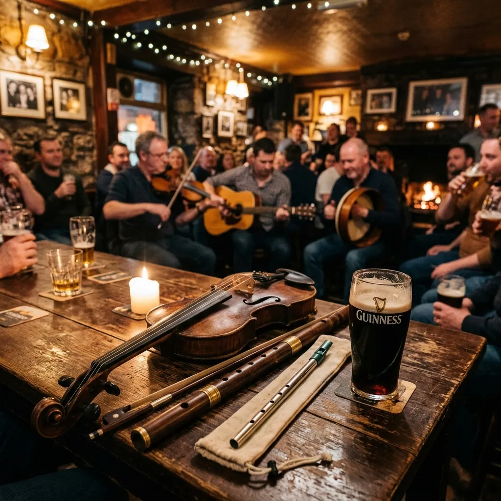 Fiddles, whistles, and pints on a session table