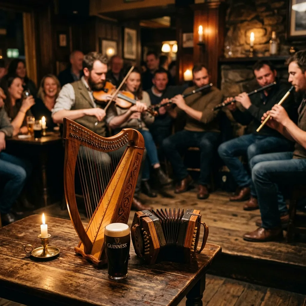 A concertina and a traditional Irish harp sitting on a cozy pub table next to a pint of stout