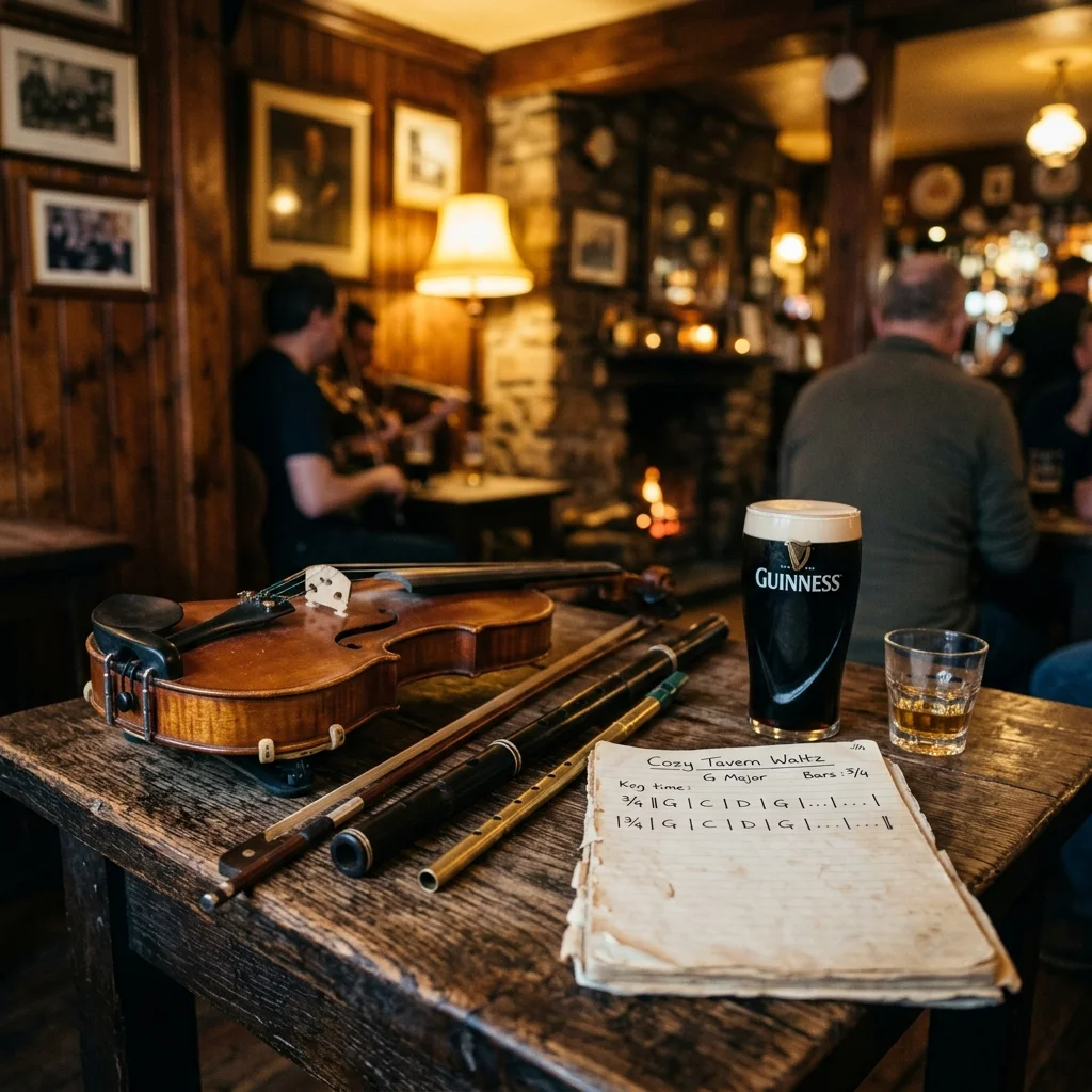 Cozy traditional Irish music session inside a warm pub with a fiddle and wooden flute resting on a rustic oak table alongside a pint of stout and handwritten sheet music