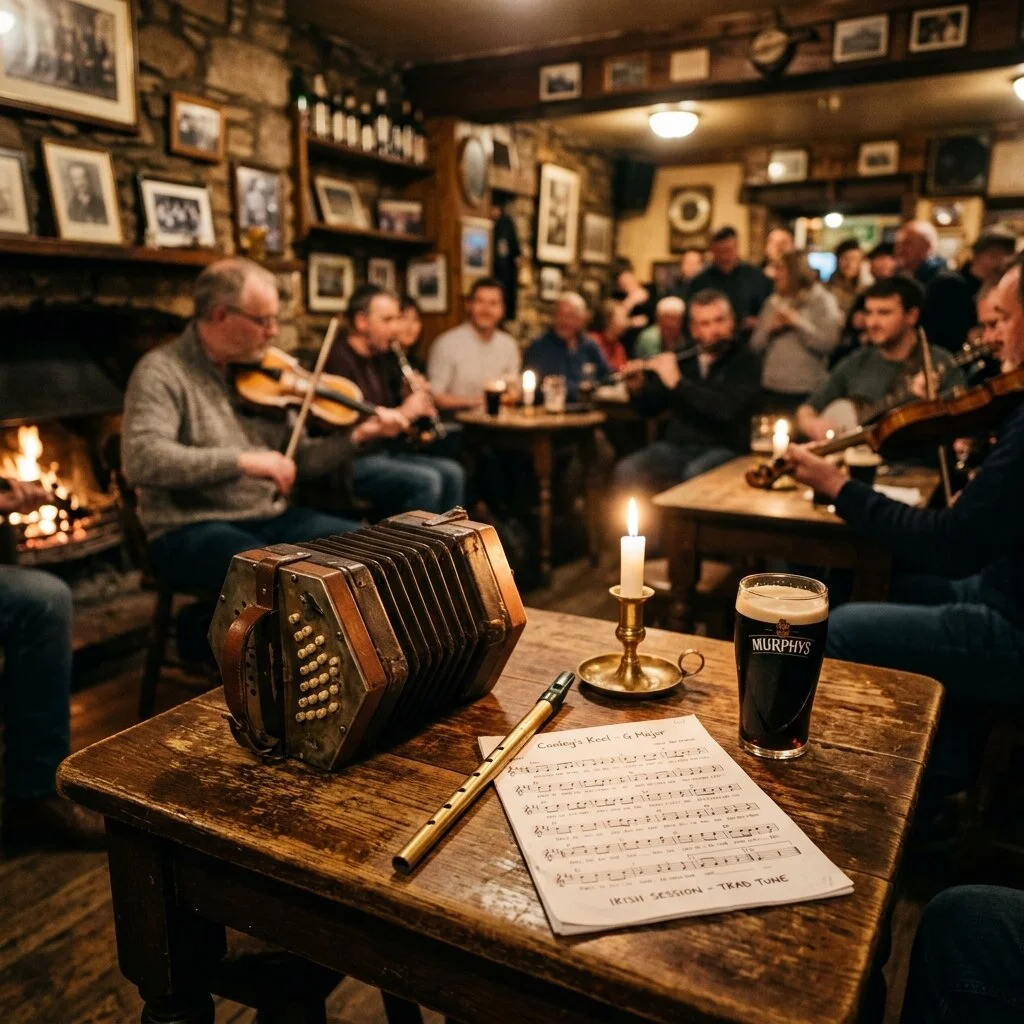 Concertina, tin whistle, pint of stout and sheet music on a warm pub table