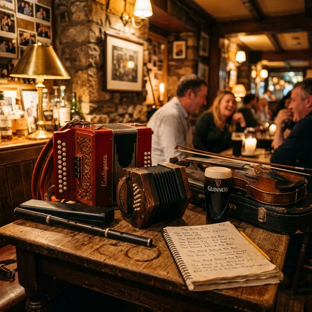 Cozy traditional Irish pub session corner with a button accordion, concertina, wooden flute, and fiddle resting on an oak table
