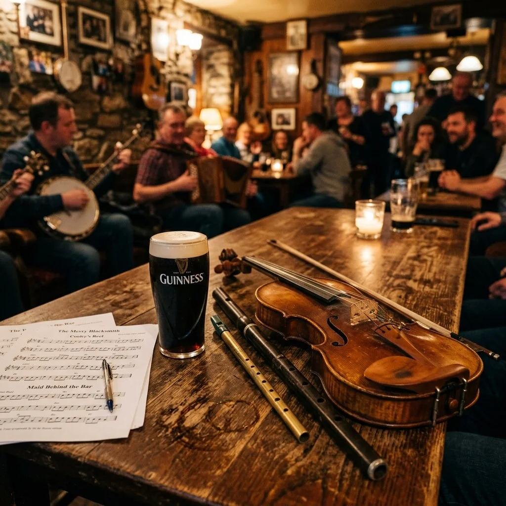 Violin, wooden flute, tin whistle and a pint of stout on a warm pub table