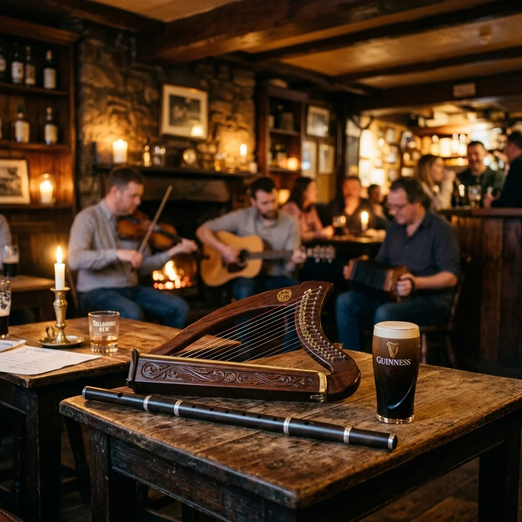 Celtic harp, wooden flute, tin whistle and a pint of stout on a warm pub table