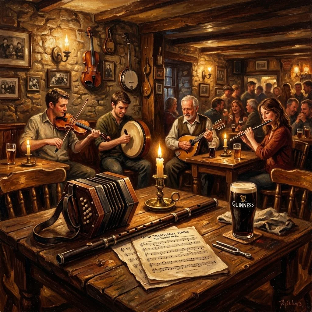 Wooden flute and concertina on session table